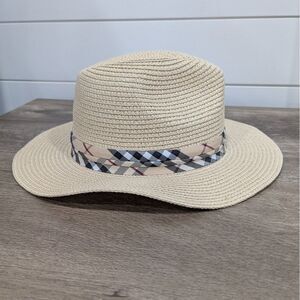 Womens Straw‎ Fedora Hat~Wide Brim Plaid Band Summer Sun Beach Hat